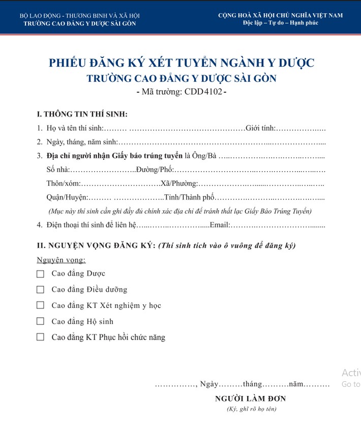 Phiếu đăng ký xét tuyển Cao đẳng Điều dưỡng Trường Cao đẳng Y Dược Sài Gòn năm 2019