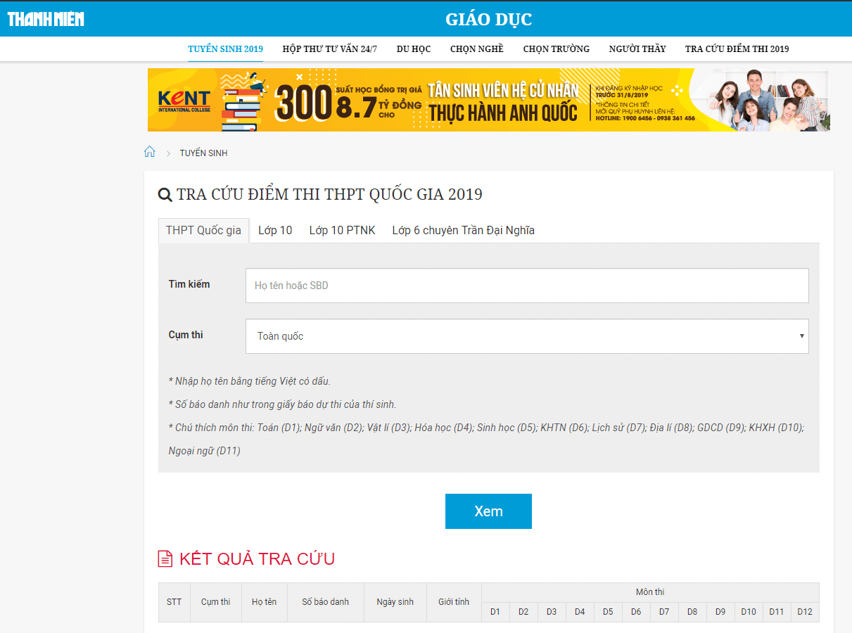 ra cứu điểm thi THPT quốc gia tại B&aacute;o Thanhnien