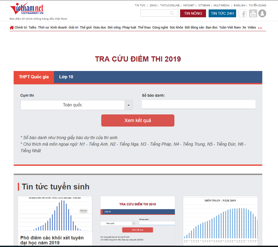 Tra cứu điểm thi THPT quốc gia tại B&aacute;o Vietnam.net