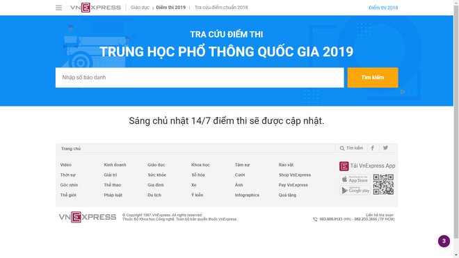 Tra cứu điểm thi THPT quốc gia tại B&aacute;o Vnepress