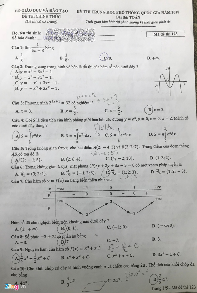 Đề thi ch&iacute;nh thức m&ocirc;n To&aacute;n THPT quốc gia 2018
