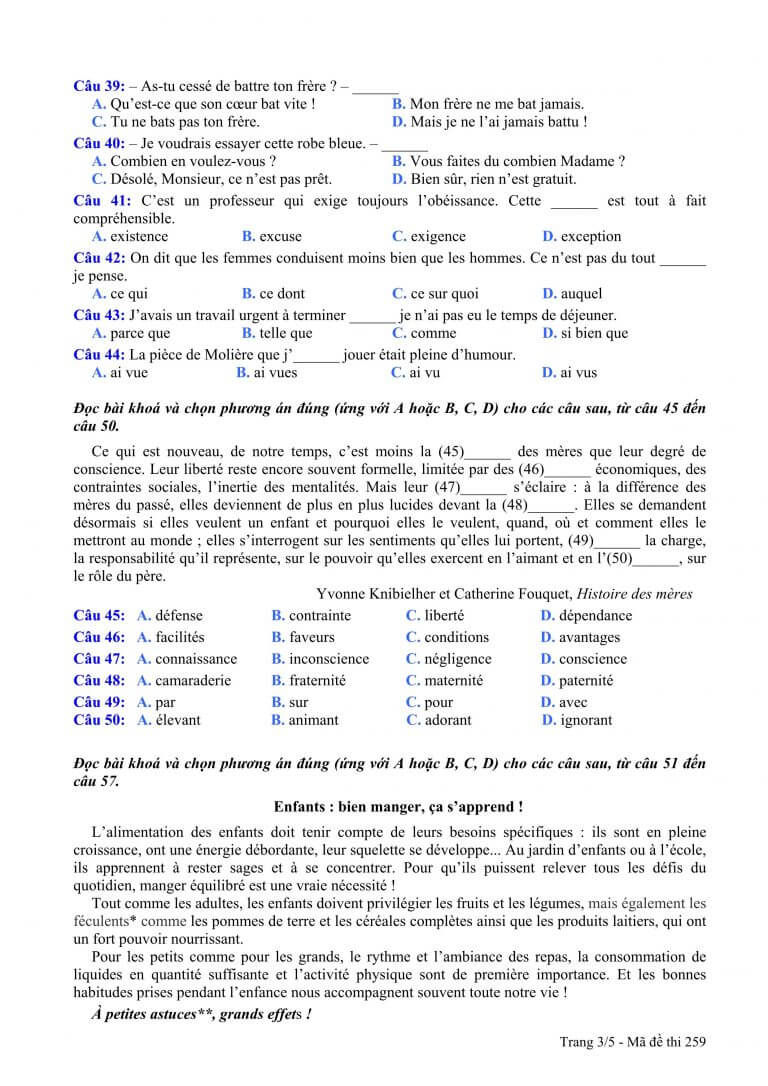 Đề thi môn tiếng Pháp kỳ thi THPT quốc gia 2015