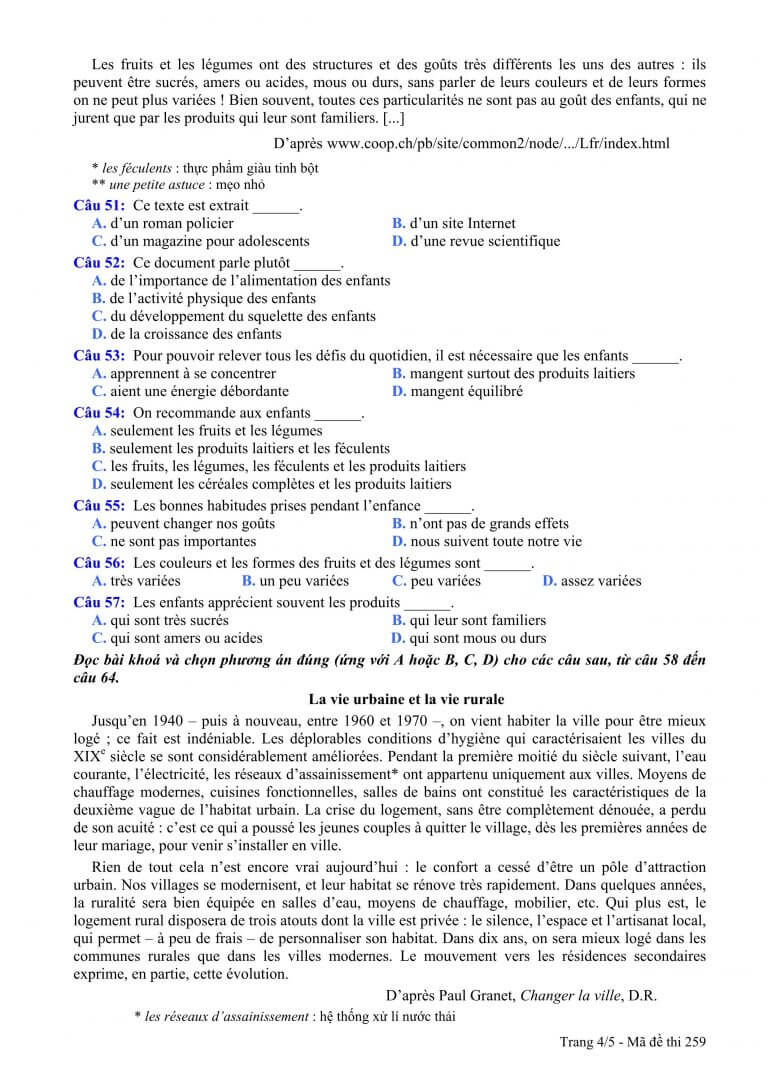 Đề thi môn tiếng Pháp kỳ thi THPT quốc gia 2015