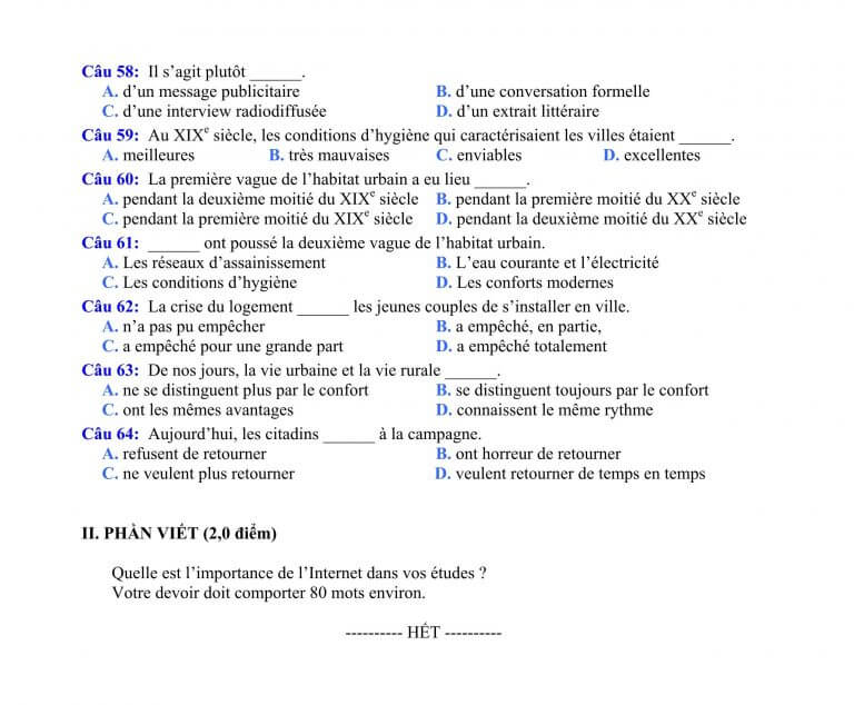 Đề thi môn tiếng Pháp kỳ thi THPT quốc gia 2015