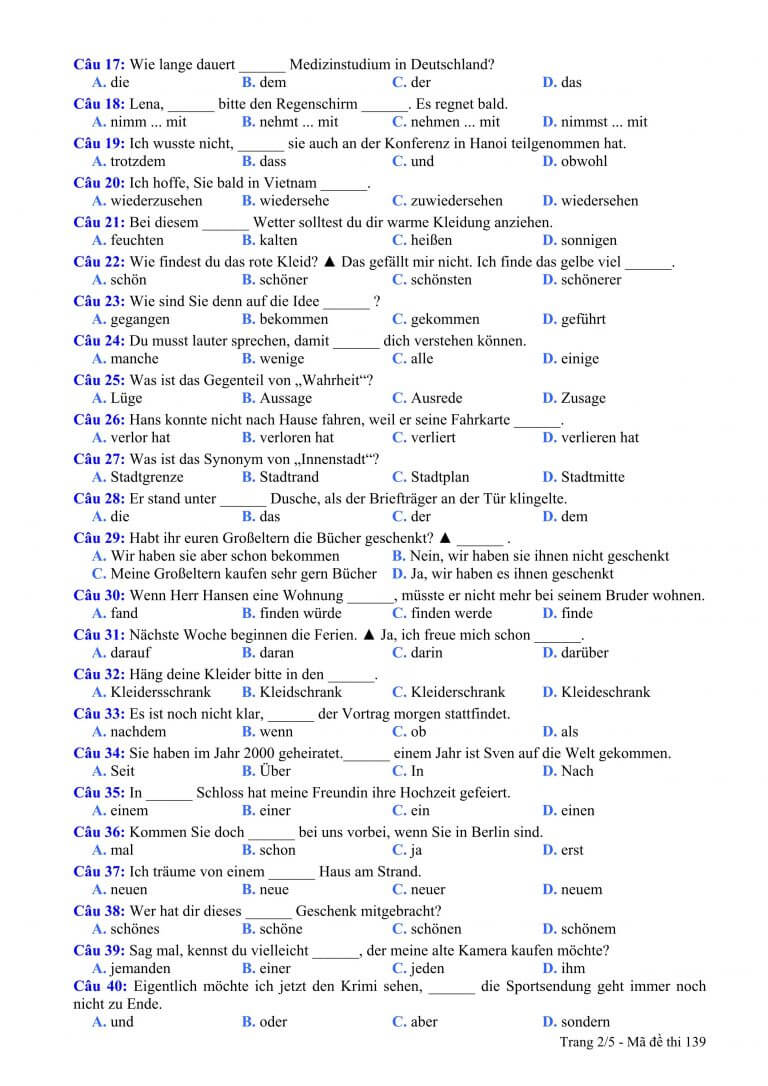 Đề thi tốt nghiệp THPT năm 2015 m&ocirc;n Tiếng Đức