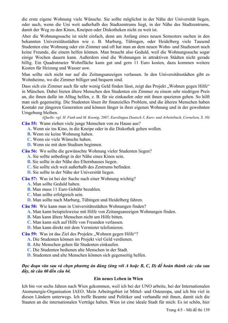  Đề thi tốt nghiệp THPT năm 2015 m&ocirc;n Tiếng Đức