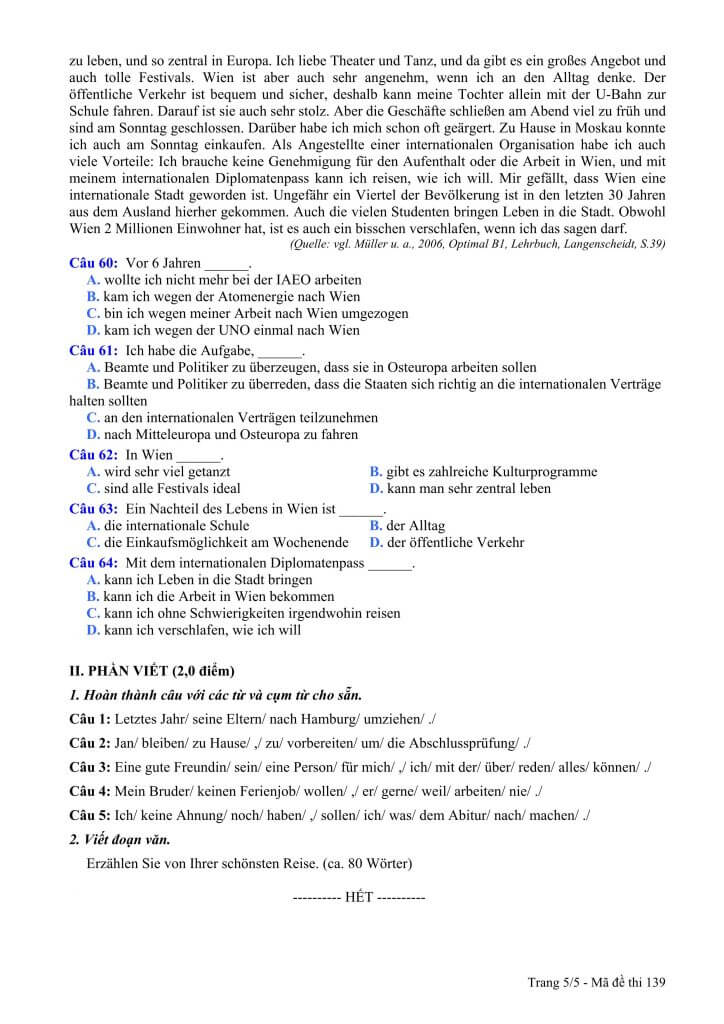  Đề thi tốt nghiệp THPT năm 2015 m&ocirc;n Tiếng Đức