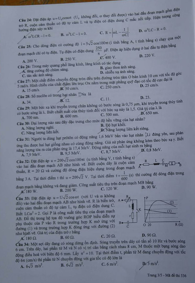 Đề thi m&ocirc;n Vật l&yacute; kỳ thi THPT quốc gia 2016