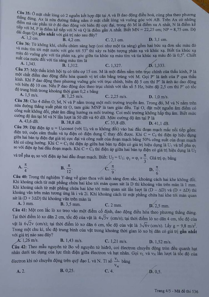 Đề thi m&ocirc;n Vật l&yacute; kỳ thi THPT quốc gia 2016