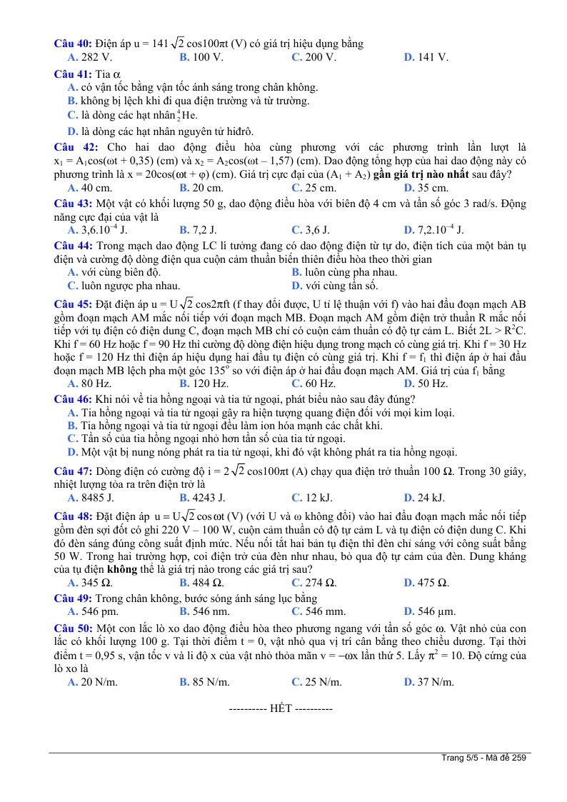 Đề thi đại học m&ocirc;n Vật L&yacute; 