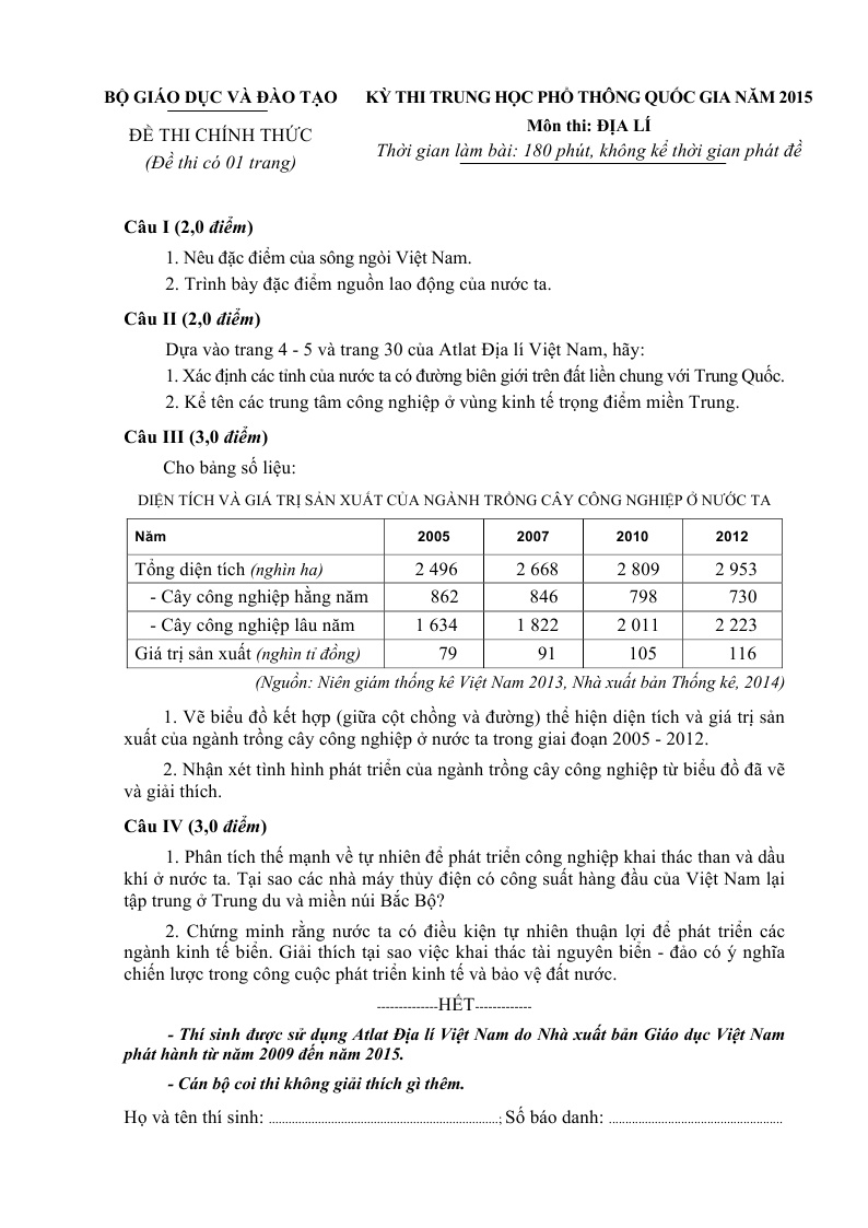 Đề thi m&ocirc;n Địa l&yacute; kỳ thi THPT quốc gia 2015