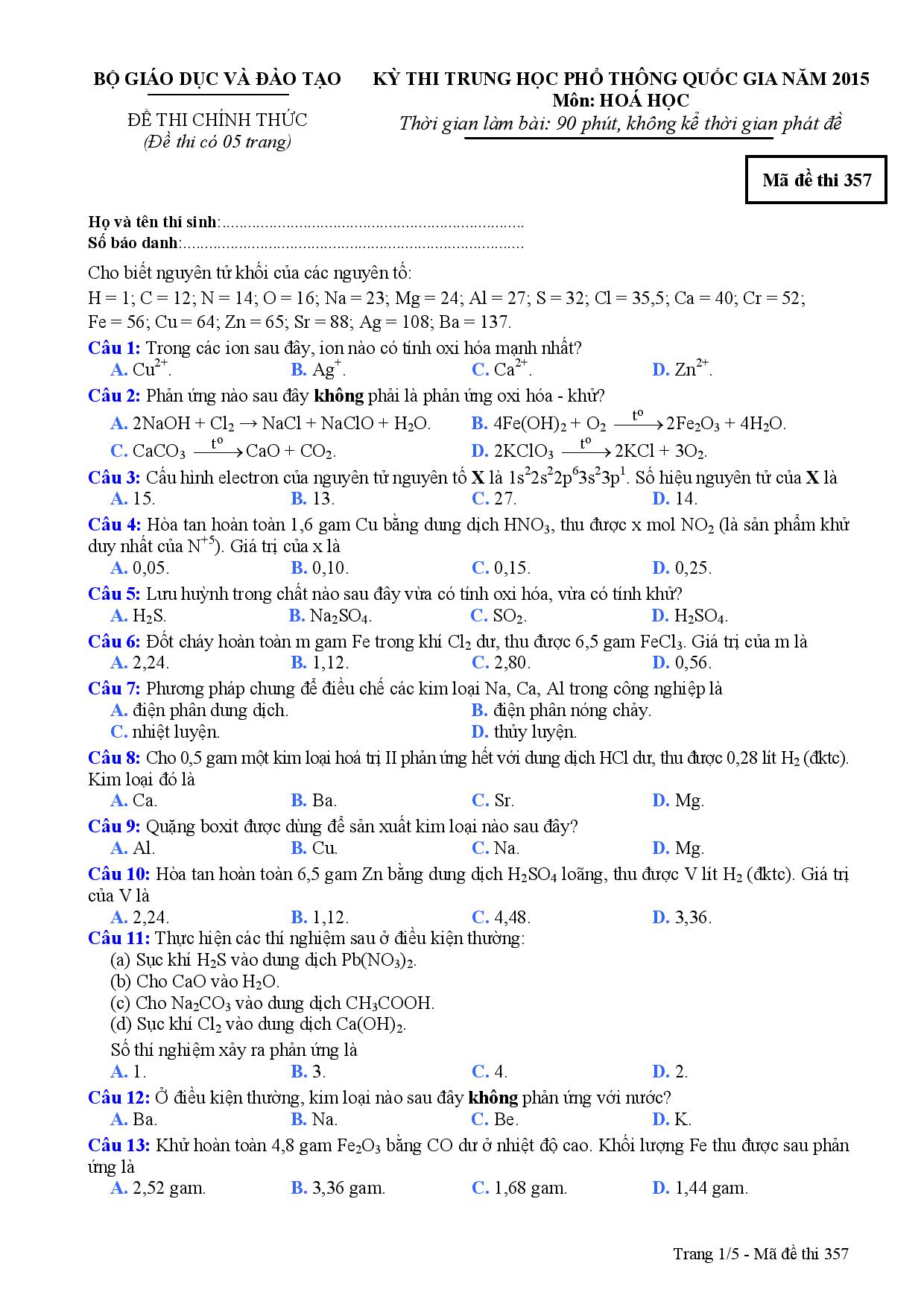 Đề thi m&ocirc;n Ho&aacute; học kỳ thi THPT quốc gia 2015