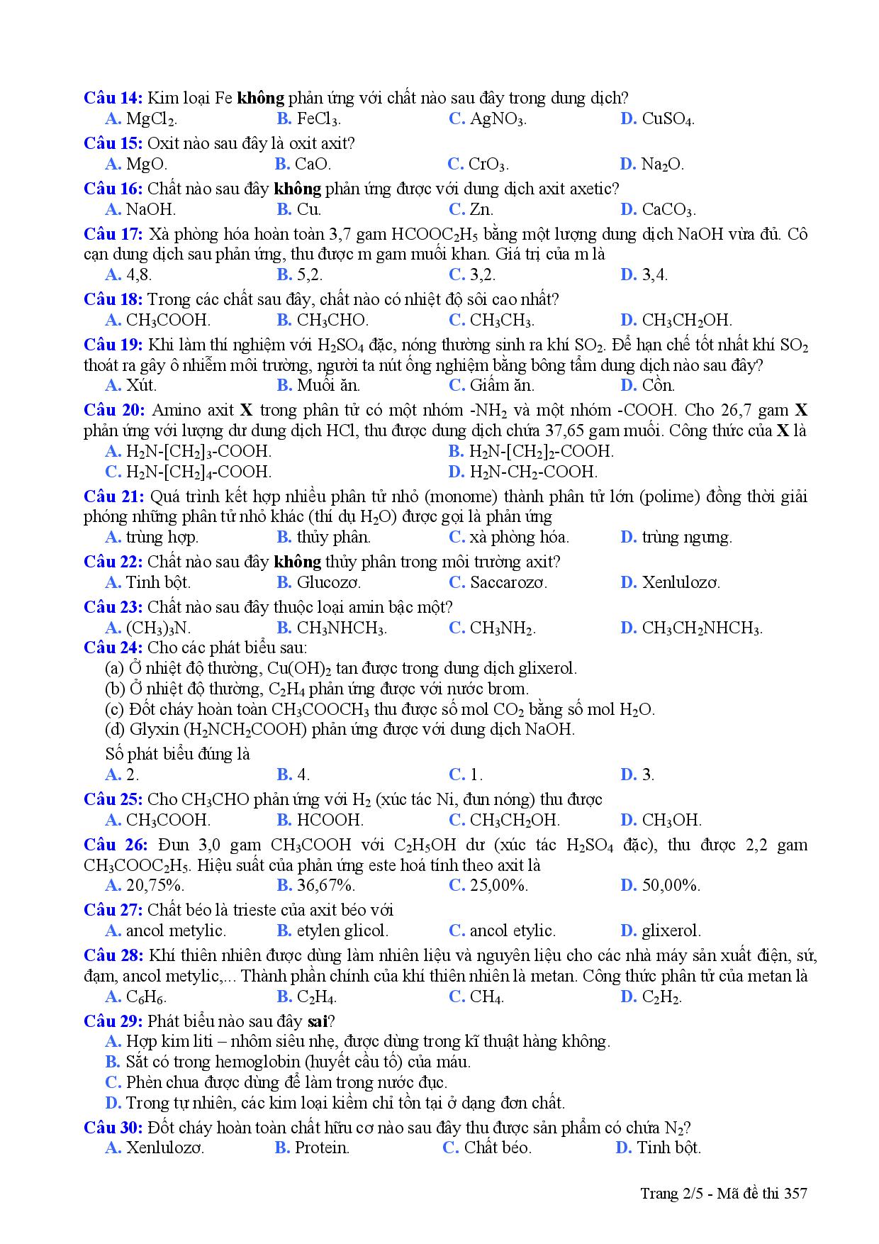 Đề thi m&ocirc;n Ho&aacute; học kỳ thi THPT quốc gia 2015