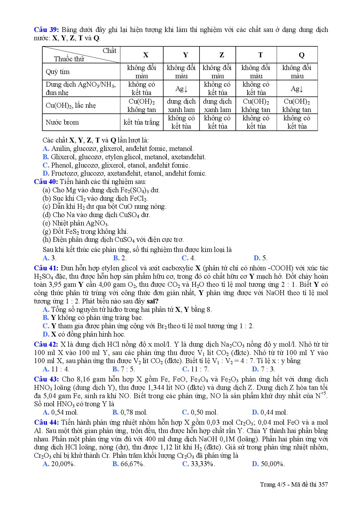 Đề thi m&ocirc;n Ho&aacute; học kỳ thi THPT quốc gia 2015