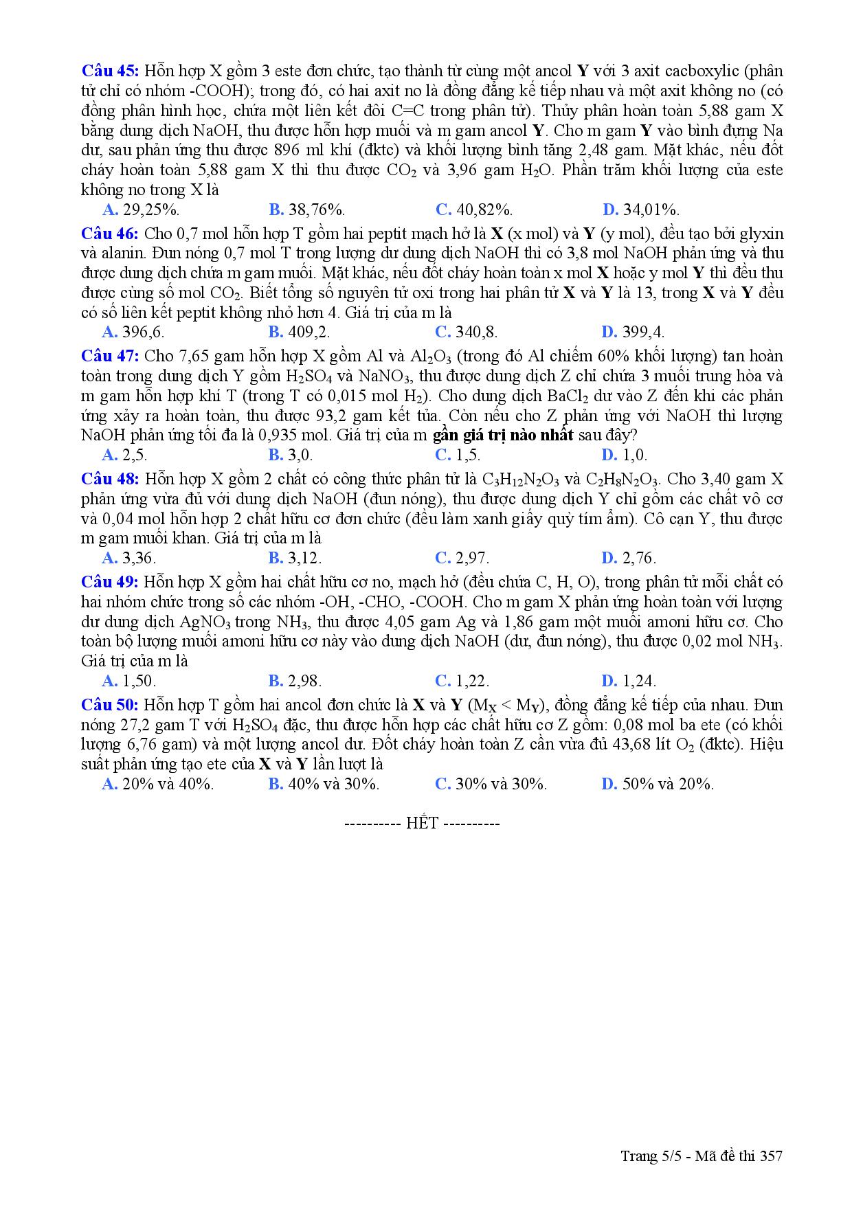 Đề thi m&ocirc;n Ho&aacute; học kỳ thi THPT quốc gia 2015