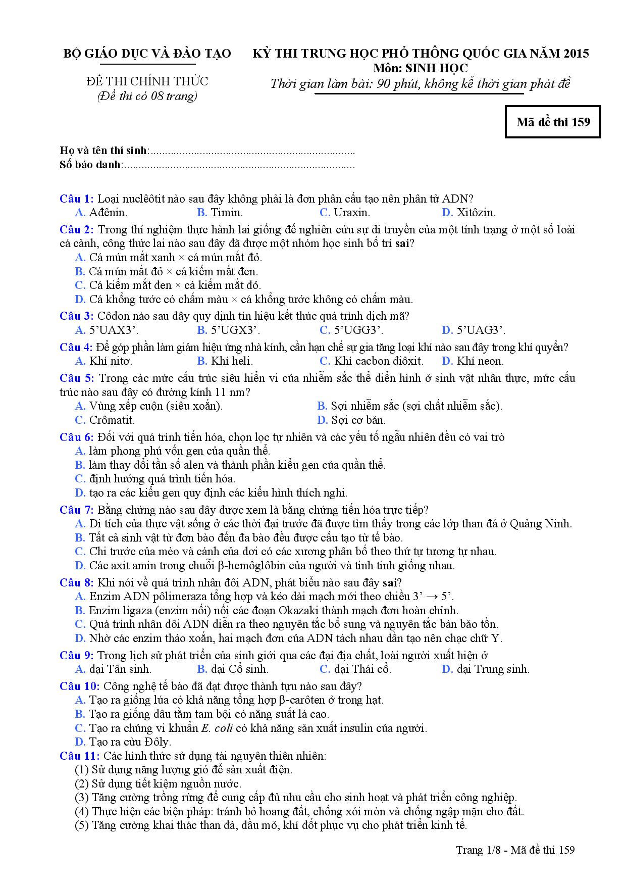 Đề thi m&ocirc;n Sinh kỳ thi THPT quốc gia 2015