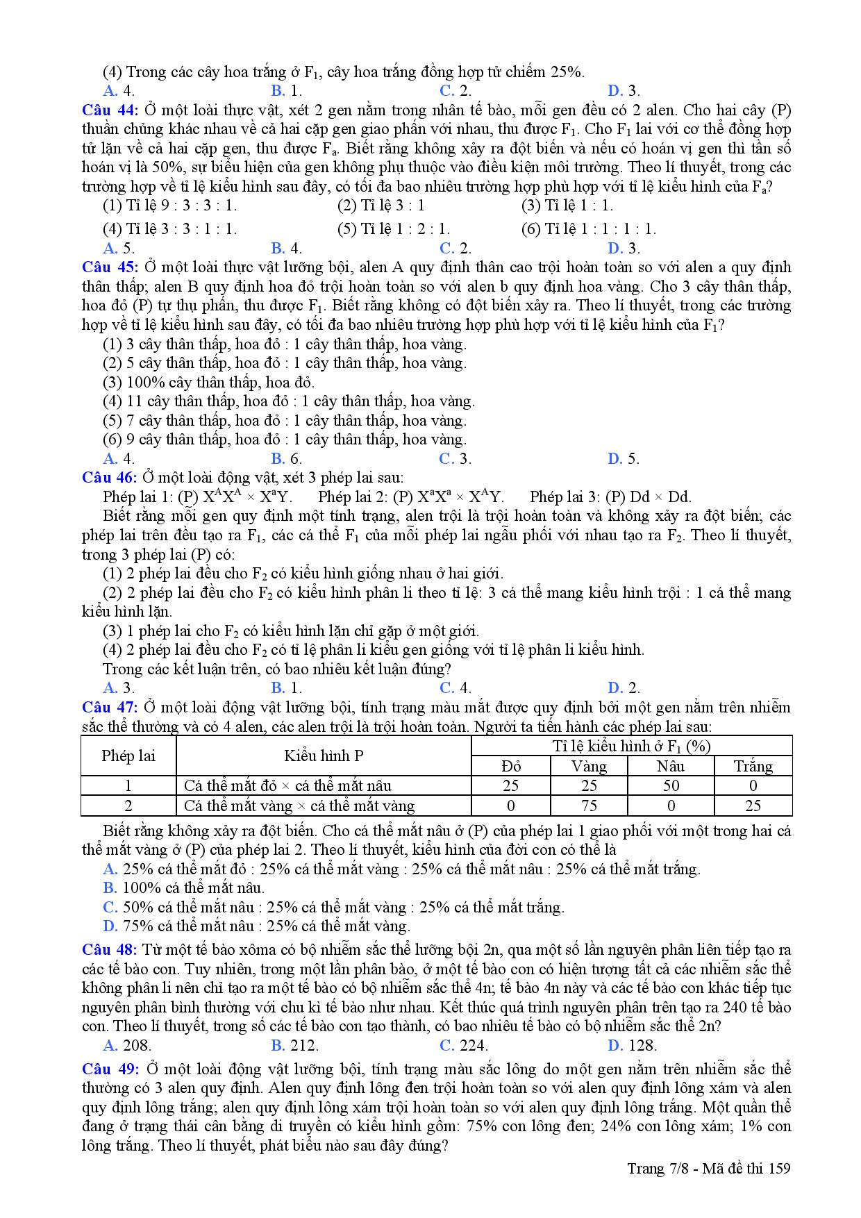 Đề thi m&ocirc;n Sinh kỳ thi THPT quốc gia 2015