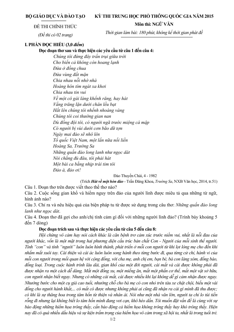 Đề thi môn Ngữ văn kỳ thi THPT quốc gia 2015