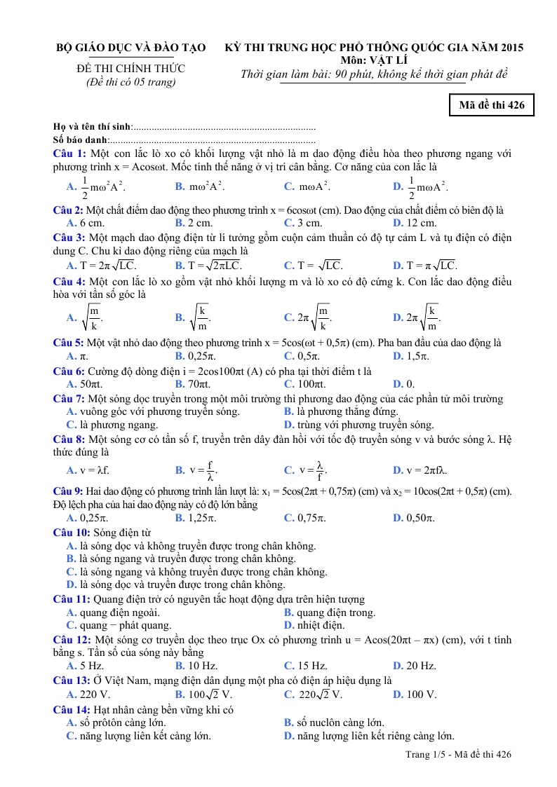 Đề thi m&ocirc;n Vật l&yacute; kỳ thi THPT quốc gia 2015