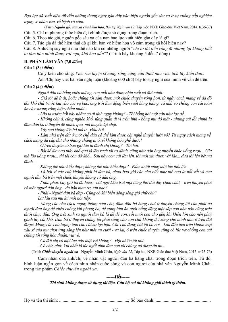 Đề thi môn Ngữ văn kỳ thi THPT quốc gia 2015