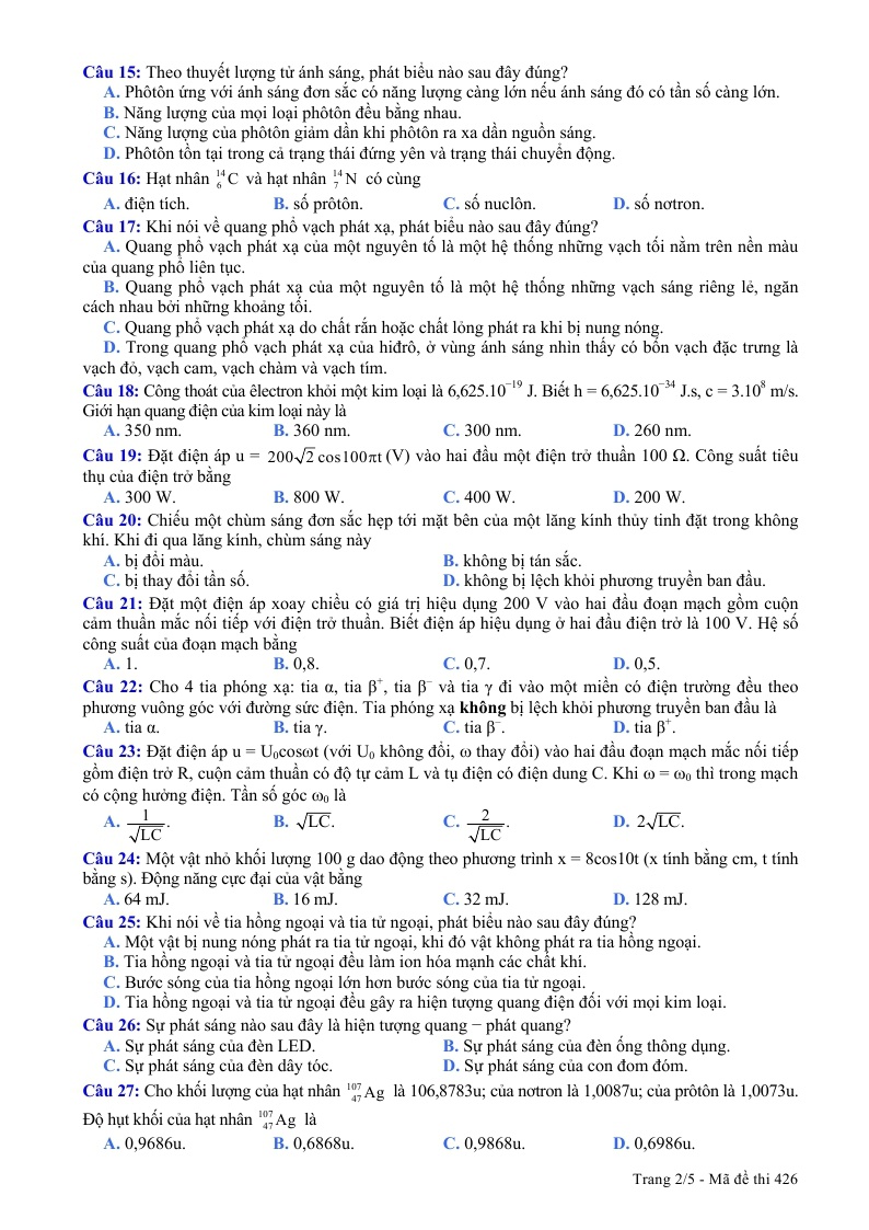 Đề thi m&ocirc;n Vật l&yacute; kỳ thi THPT quốc gia 2015