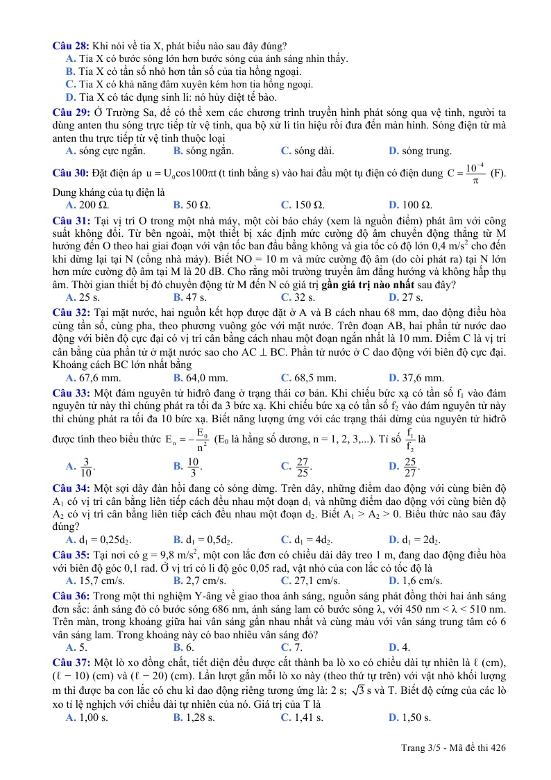 Đề thi m&ocirc;n Vật l&yacute; kỳ thi THPT quốc gia 2015
