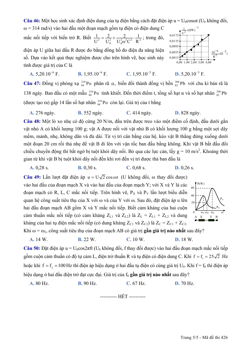 Đề thi m&ocirc;n Vật l&yacute; kỳ thi THPT quốc gia 2015