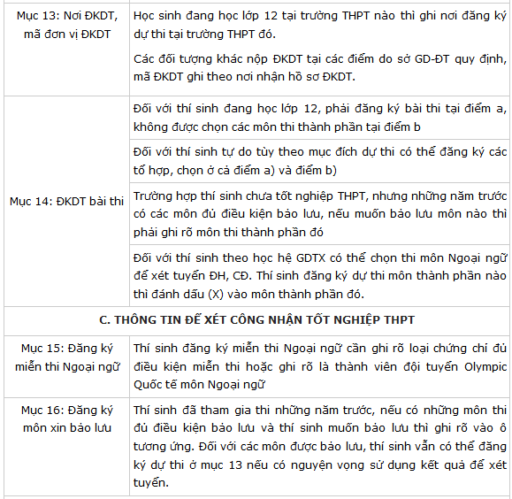 hướng dẫn điền phiếu đăng ký dự thi thpt