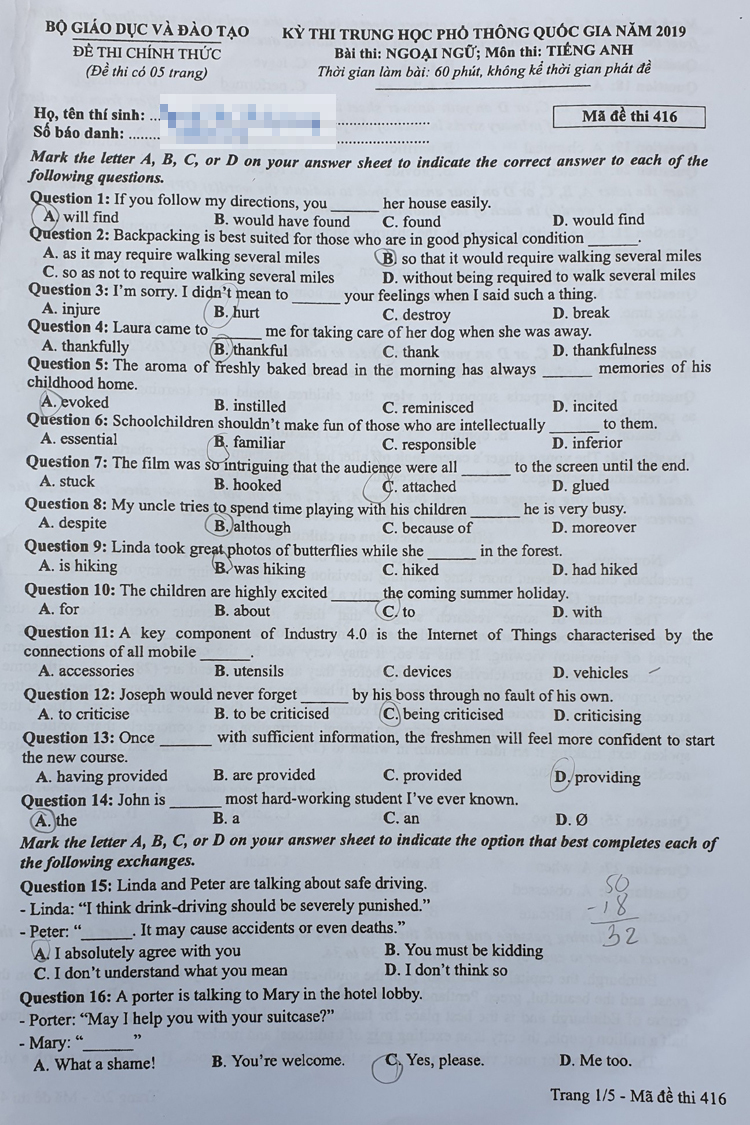 Đề thi m&ocirc;n Tiếng anh THPT quốc gia 2019