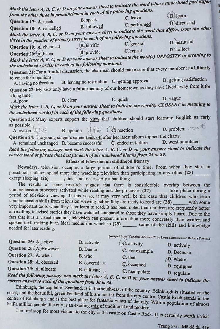 Đề thi m&ocirc;n Tiếng anh THPT quốc gia 2019