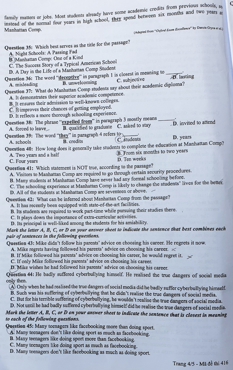 Đề thi m&ocirc;n Tiếng anh THPT quốc gia 2019