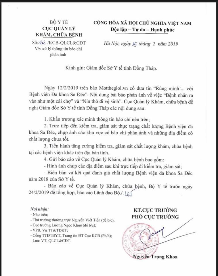 Công văn của Bộ Y tế gửi Sở Y tế Đồng Tháp liên quan đến BVĐK Sa Đéc
