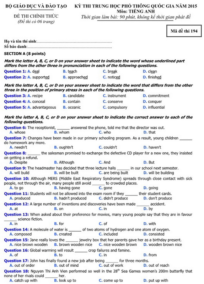 Đề thi m&ocirc;n Tiếng anh kỳ thi THPT quốc gia 2015