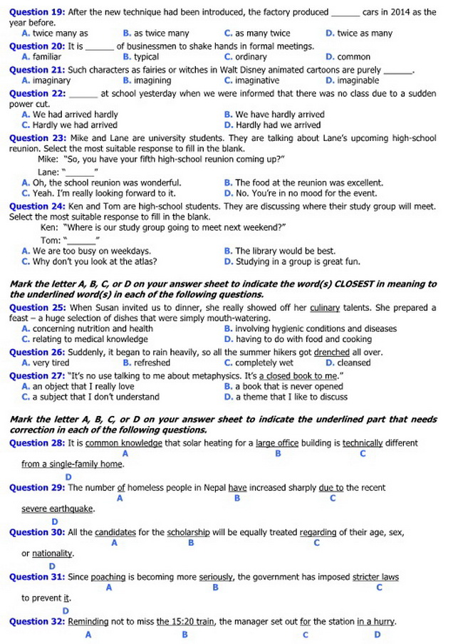 Đề thi m&ocirc;n Tiếng anh kỳ thi THPT quốc gia 2015