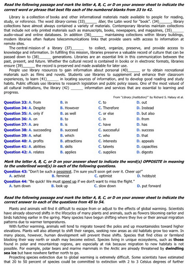 Đề thi m&ocirc;n Tiếng anh kỳ thi THPT quốc gia 2015