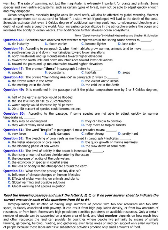 Đề thi m&ocirc;n Tiếng anh kỳ thi THPT quốc gia 2015