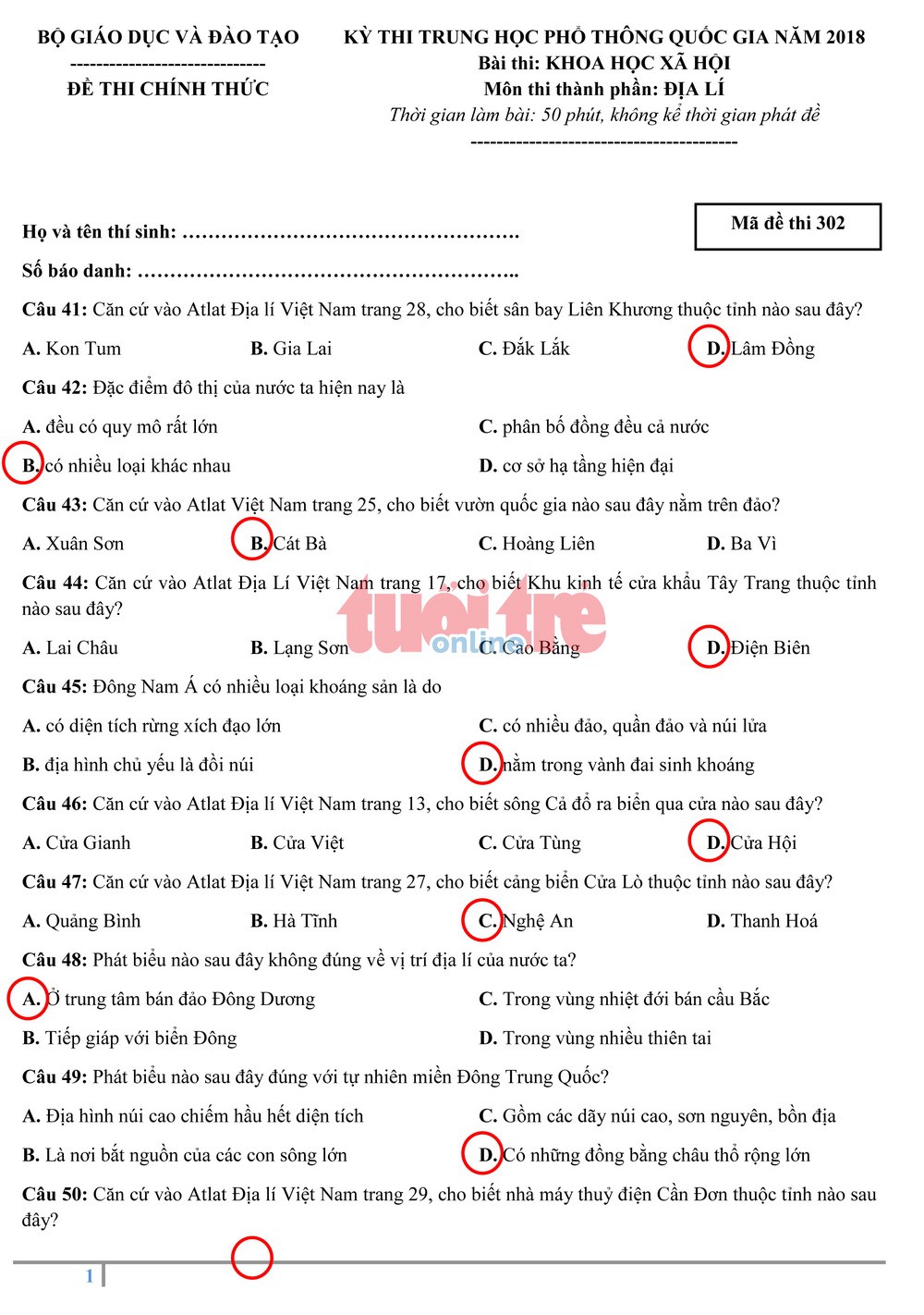 Đề thi môn Địa lý THPT Quốc gia 2018
