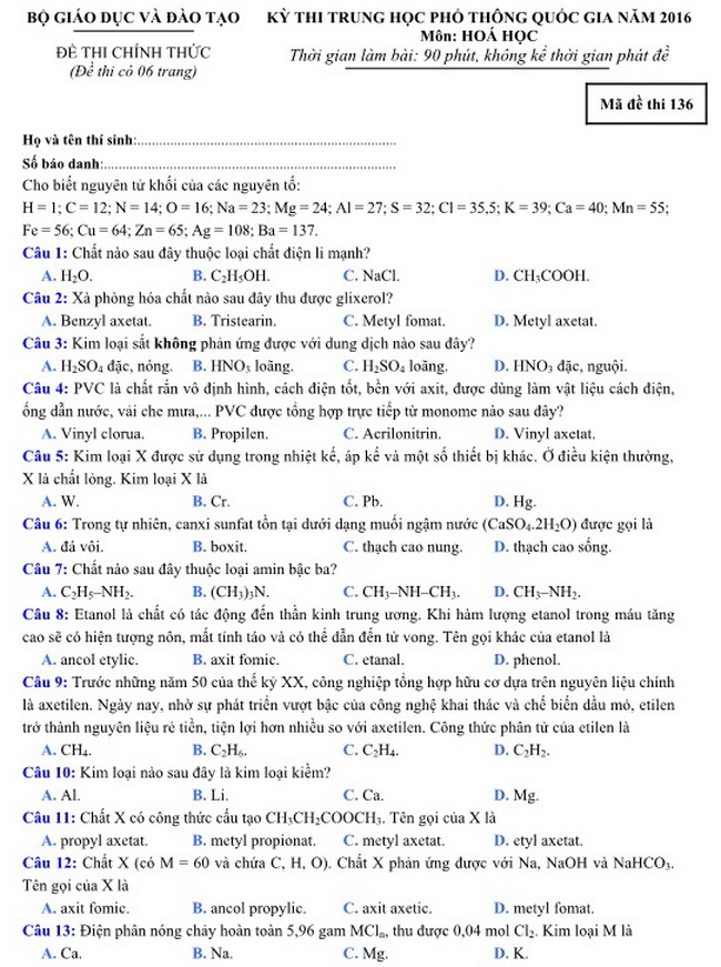 Đề thi m&ocirc;n H&oacute;a học kỳ thi THPT quốc gia 2016