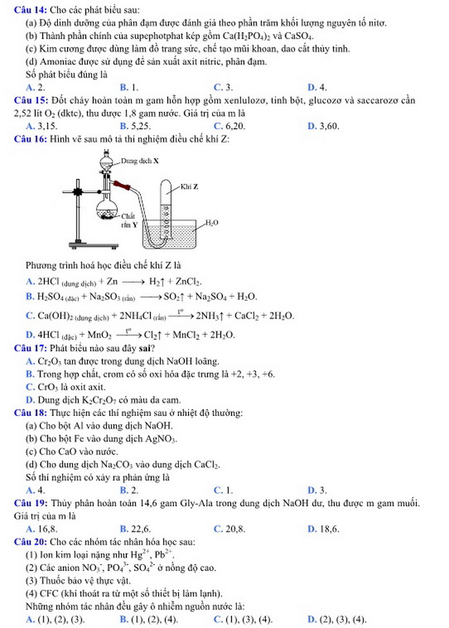Đề thi m&ocirc;n H&oacute;a học kỳ thi THPT quốc gia 2016