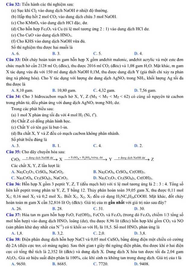 Đề thi m&ocirc;n H&oacute;a học kỳ thi THPT quốc gia 2016
