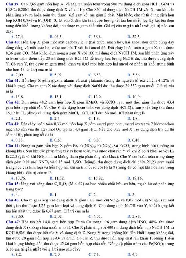 Đề thi m&ocirc;n H&oacute;a học kỳ thi THPT quốc gia 2016