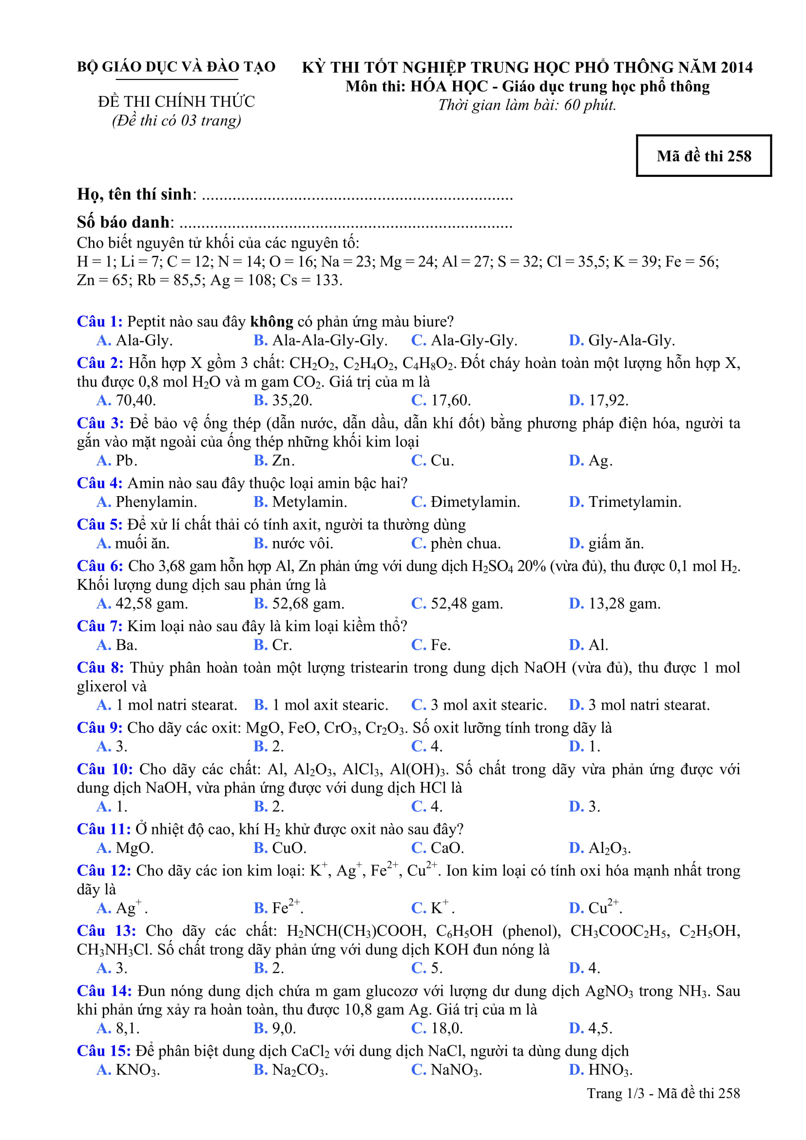 Đề thi ch&iacute;nh thức m&ocirc;n H&oacute;a học kỳ thi tốt nghiệp năm 2014