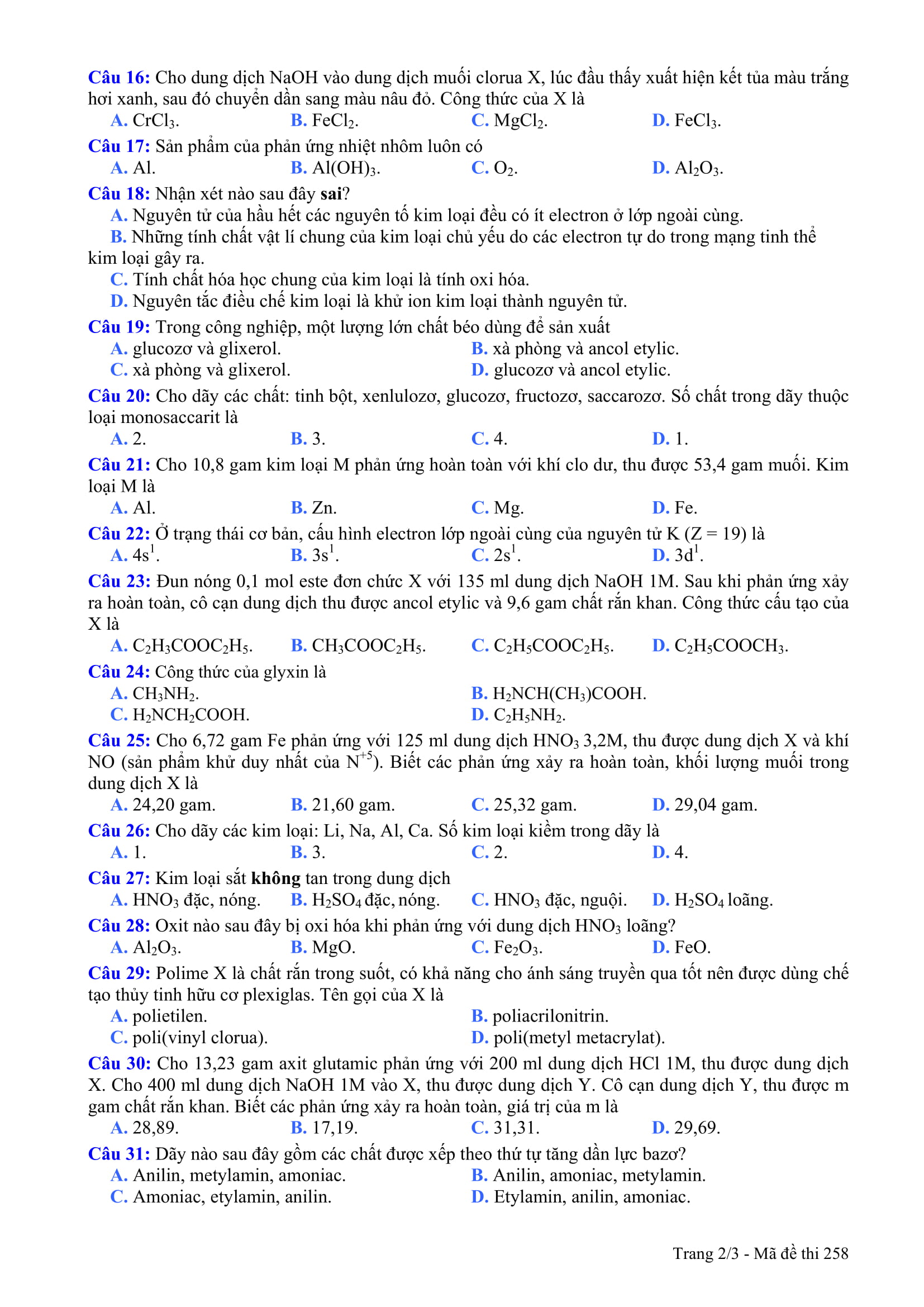 Đề thi ch&iacute;nh thức m&ocirc;n H&oacute;a học kỳ thi tốt nghiệp năm 2014