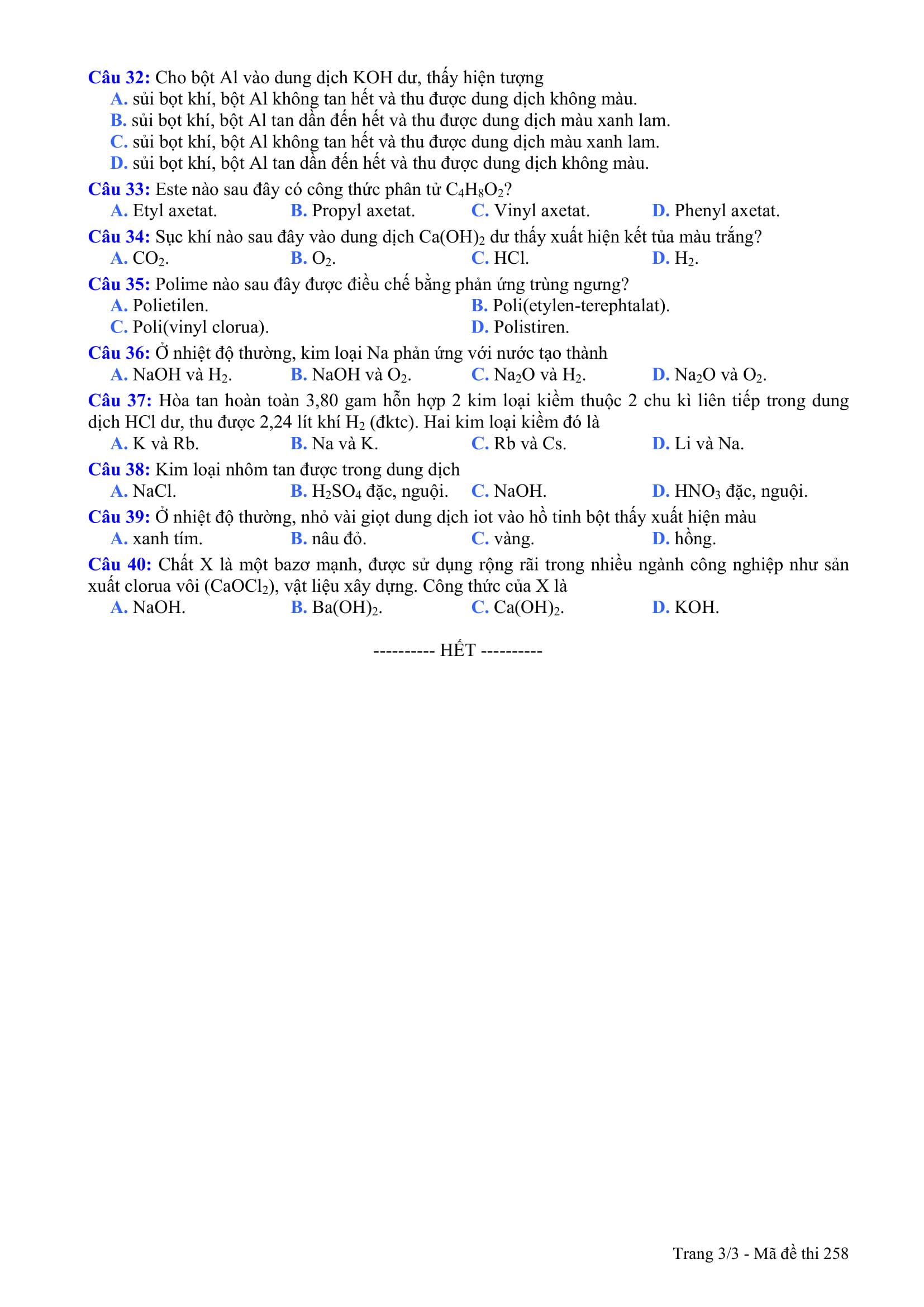 Đề thi ch&iacute;nh thức m&ocirc;n H&oacute;a học kỳ thi tốt nghiệp năm 2014