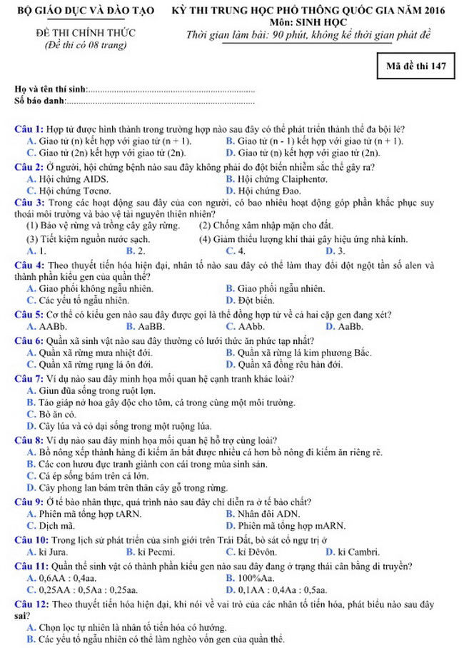 Đề thi m&ocirc;n Sinh học kỳ thi THPT quốc gia 2016