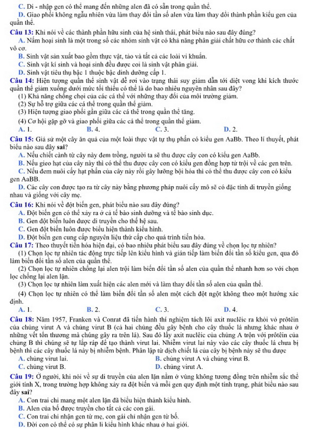 Đề thi m&ocirc;n Sinh học kỳ thi THPT quốc gia 2016