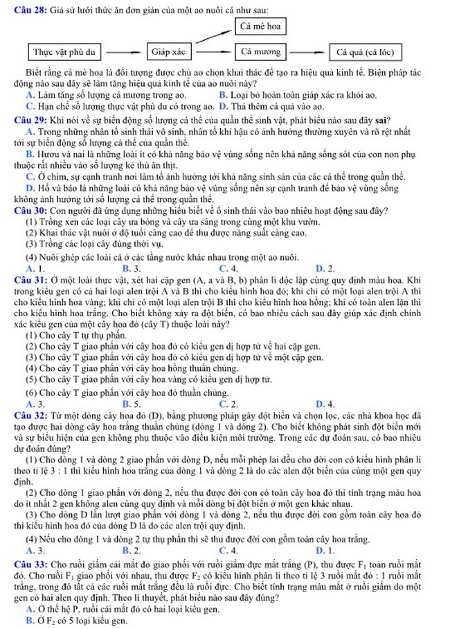 Đề thi m&ocirc;n Sinh học kỳ thi THPT quốc gia 2016