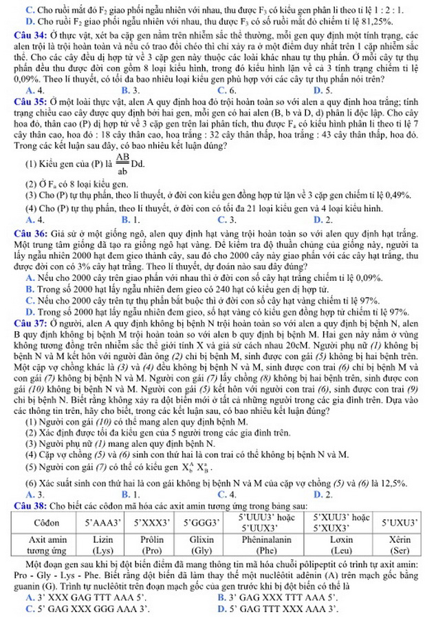 Đề thi m&ocirc;n Sinh học kỳ thi THPT quốc gia 2016