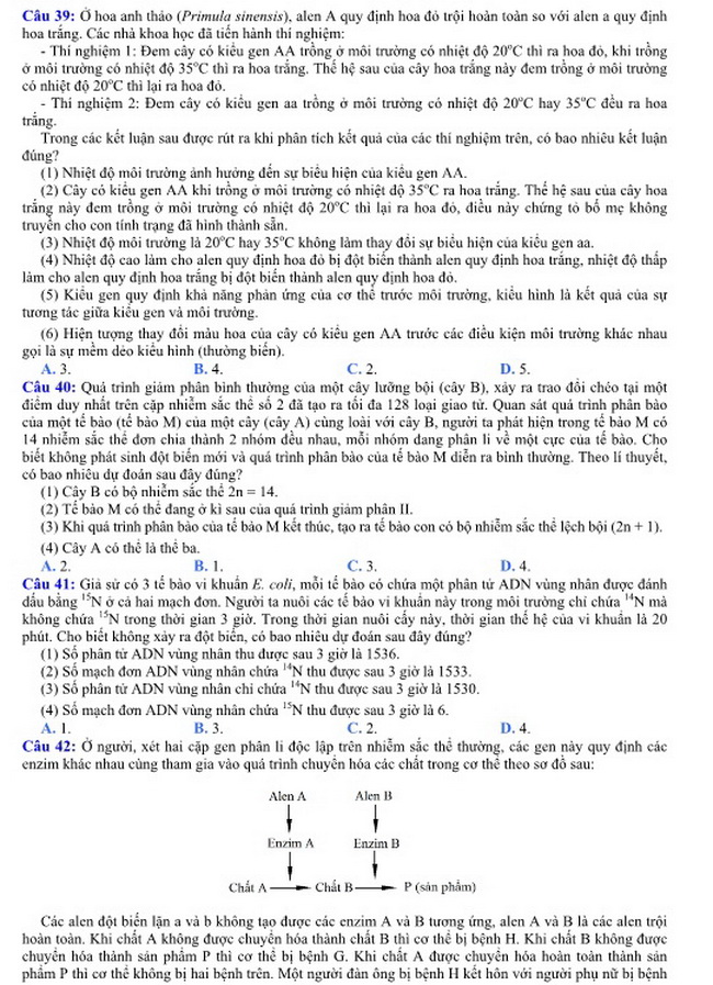 Đề thi m&ocirc;n Sinh học kỳ thi THPT quốc gia 2016