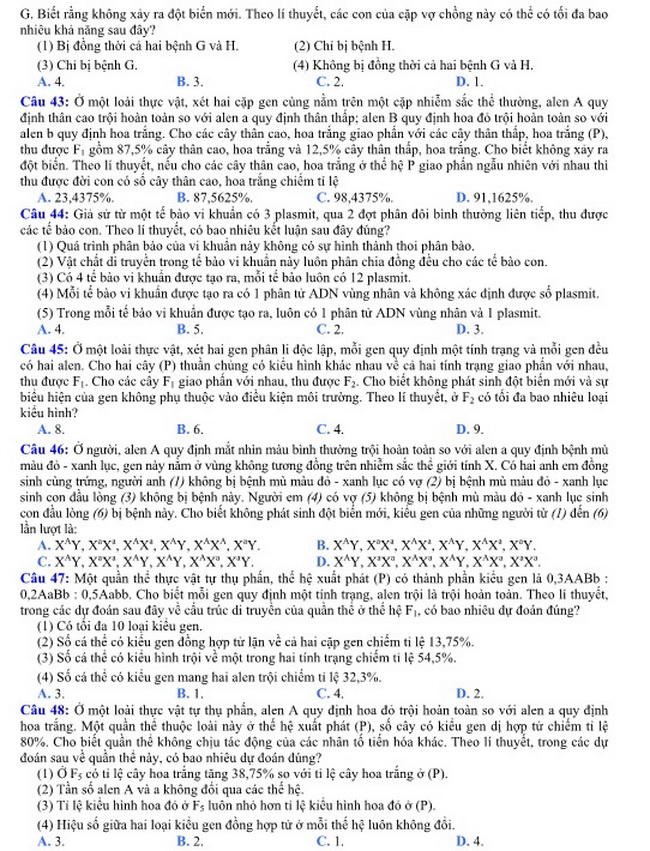 Đề thi m&ocirc;n Sinh học kỳ thi THPT quốc gia 2016